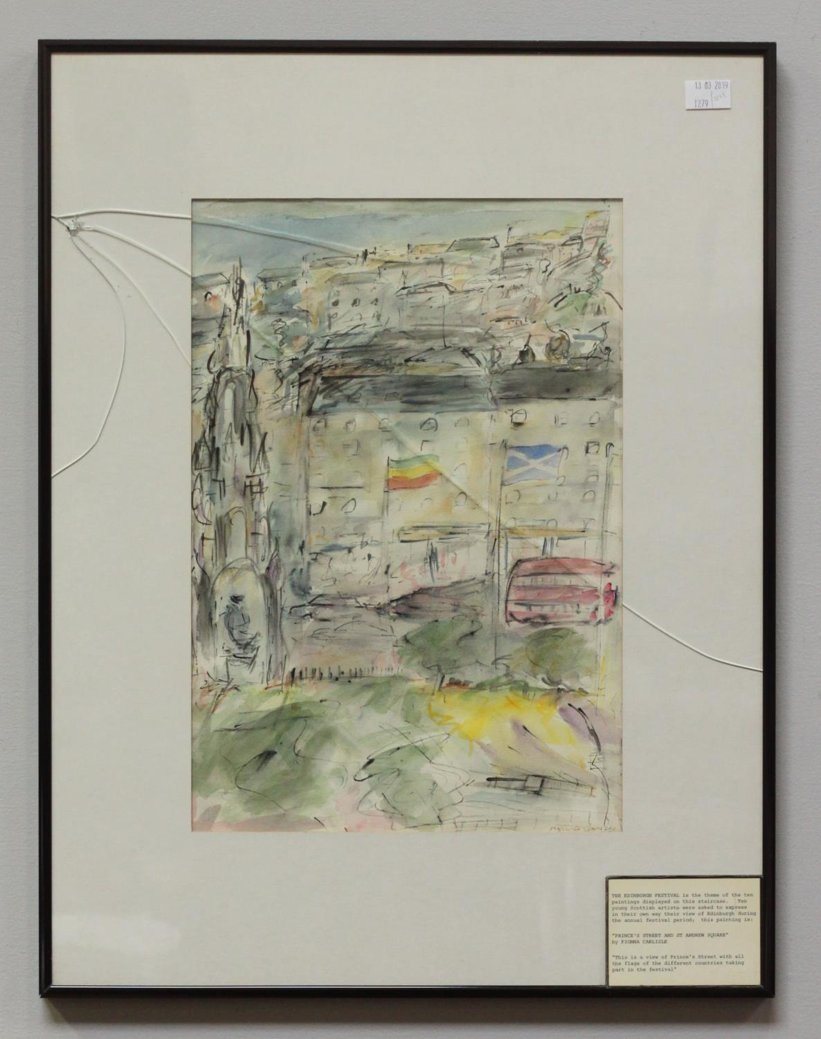 Fiona Carlisle (Scottish Contemporary) 'Prince's Street and St Andrew Square' signed, watercolour,