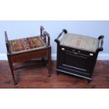 An Edwardian stained mahogany piano stool with under-seat storage, together with another piano stool