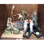 SECTION 48. Eight various Art Deco figurines together with a pair of black marble bookends and a