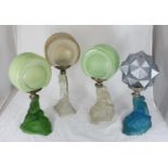 Four various Art Deco coloured glass figural table lamps with shades, moulded as female figures (4)