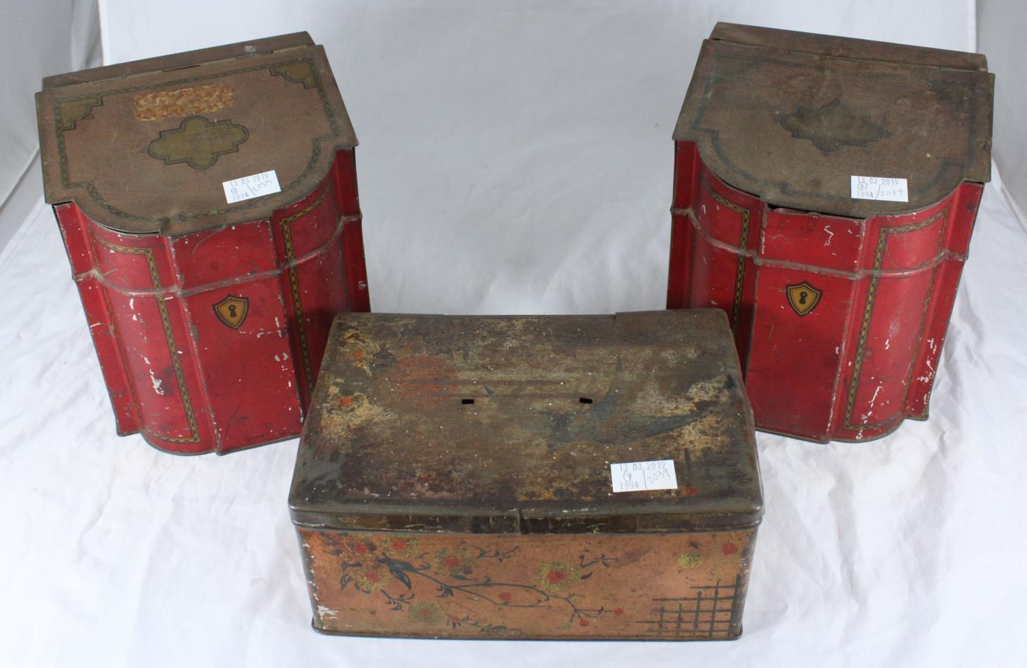 Three assorted vintage tins, two for 'Williams's Famous Chocolate Toffees' and modelled as 18th