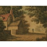 English school c.1820. A traveller passing a cottage with a dovecote, watercolour, 19 x 24.5 cm,