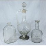 A Georgian glass decanter with repaired neck and a mould-blown flask or decanter with floral cut