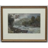 Follower of David Cox, a rocky river scene, watercolour, mounted, glazed and framed, approx. 25x40cm