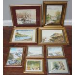 Nine various watercolours of landscapes, some signed R Jewry, glazed and framed (9)