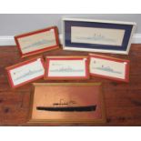 Five assorted watercolour studies of battleships, one by 'John W. Southall' and a copper '