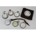 Six various pocket watches including one with engraved broad arrow, together with a leather cased