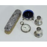 A silver cased open-faced pocket watch, the white enamel dial with Roman numerals denoting hours and