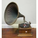 A vintage oak cased 'Perophone' gramophone, with large metal horn, base measures 36cm
