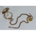 A 9ct gold Rolex half-hunter pocket watch, the white enamel dial with Roman numerals denoting hours,