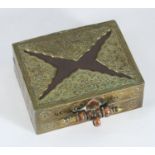 An antique Tibetan brass Gau prayer box of rectangular form, with copper locks and wood lining, 12cm