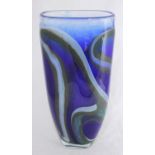 A tall blue marbled glass vase, indistinctly signed with etched mark to base, 43cm tall