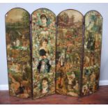 A three-fold dressing screen with arched top and decoupaged with Victorian scraps, 168cm high x