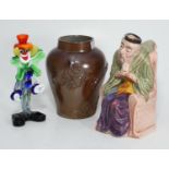 A Melba Ware figural jug modelled as 'Shylock', together with a Murano glass clown and vase