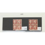 GB Mint Unused, 1858 Victoria 1d red Perf, 2x blocks of four showing colour variation, plate 175 &