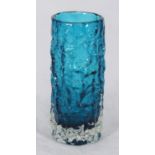 A Whitefriars cylindrical 'Bark' vase in Kingfisher blue, design by Geoffrey Baxter, approx. 19.