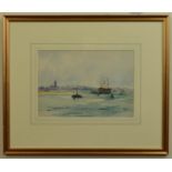 Shipping & craft in Portsmouth Harbour with Gosport beyond, early 20th century watercolour, signed