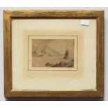 A 19th century coastal landscape study depicting a boat on water, with houses, a church and