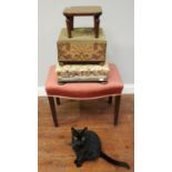 A piano stool with pink velour upholstery, together with a low bedside cabinet, small stool and