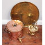 A cylindrical copper urn together with a brass spirit kettle on stand and an Eastern circular