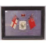 A WW1 Sailor's Silkwork pictures with central framed oval b&w photograph under a crown and flanked