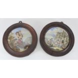 Two various circular ceramic Prattware pot lids, one depicting a mother and two children, the