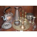 A quantity of metal-wares including an arts and crafts style jug marked JS&S.B, a pair of Wembley