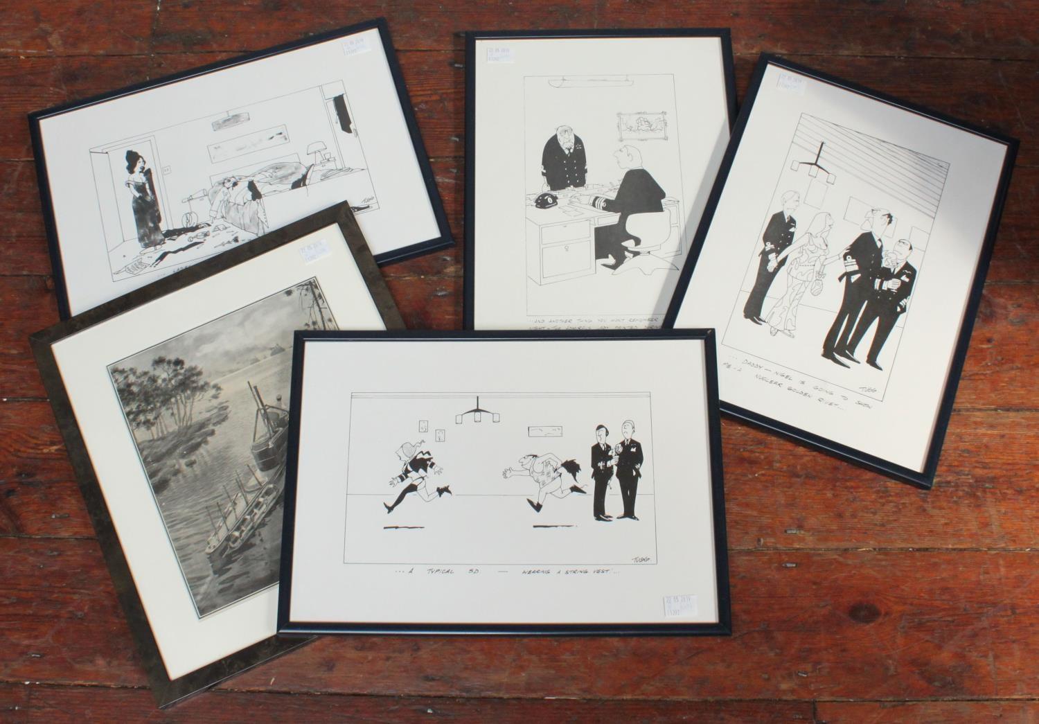 A set of four naval humour cartoons by 'Tugg', together with a print depicting a young lady smelling - Image 2 of 2