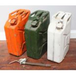 Three various war department Jerry cans with crows feet dated 1944, 1945 & 1968, together with three