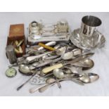 A small selection of assorted silver-plated wares comprising a pen-stand with glass inkwells, a