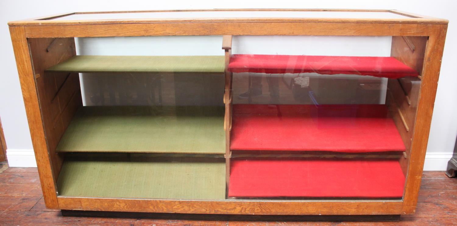 An oak haberdashery/shop display counter, the glass top and glazed front enclosing two-section - Image 2 of 3