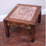 A Chinese rosewood rectangular low table, with inset rouge marble top and MOP inlay, with pierced