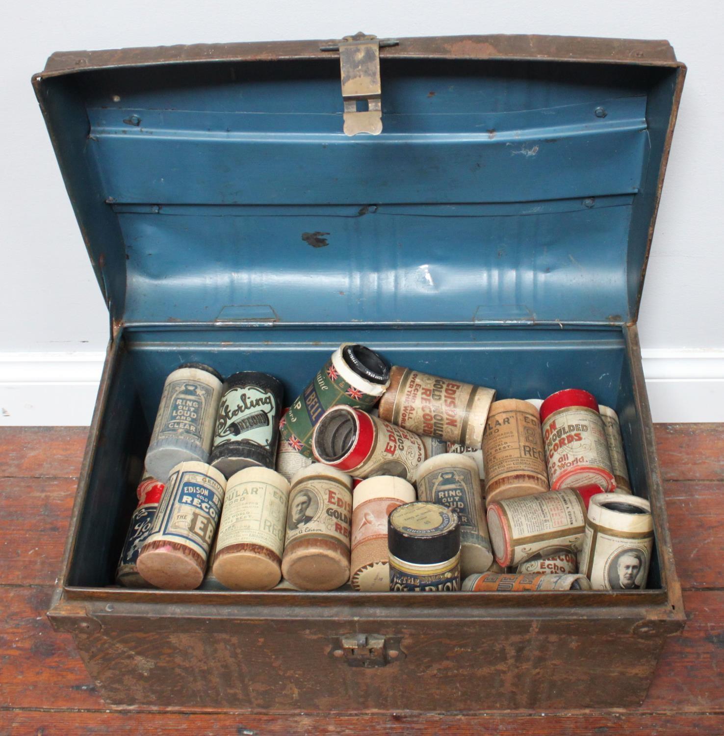 A metal trunk containing fifty-seven phonograph cylinders including Edison, Clarion & Sterling