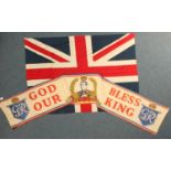 A linen George VI Coronation banner 'God Bless Our King' with corner eyelets, approx. 270cm,