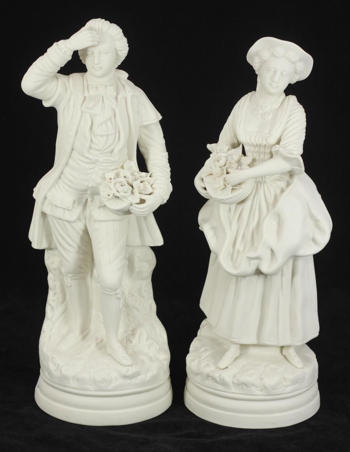 A pair of Parian porcelain figures of an 18th century couple carrying flower baskets, 35cm high, - Image 2 of 2