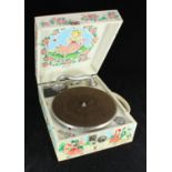 A Decca nursery portable record player, decorated with nursery rhyme themes such as Mary had a