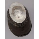 A fine Irish silver-mounted horse hoof matchbox and striker, the hinged cover engraved 'Benvieca,