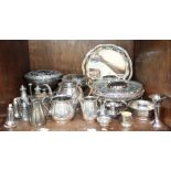 SECTION 49. Silver-plated wares including various salt and pepper sets, large rose bowl, tray, glass