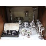 SECTION 31. Silver-plated wares including a large pair of square based candlesticks, a cased