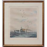 Harold Wyllie (1880-1973), HMS Furious June the 19th 1918, colour print, signed, inscribed and dated