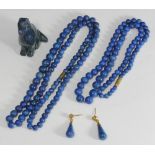 Two graduated lapis lazuli beaded necklaces together with a pair of lapis lazuli drop pendant