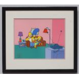 A limited edition Serigraph Cel depicting The Simpsons sat on their sofa, entitled 'Bart-O-Lounger',