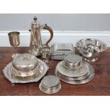 A silver-plated chocolate pot together with a sardine or butter dish with glass liner and cover,