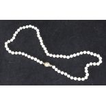 A row of uniform cultured pearls with a 9 carat gold clasp.