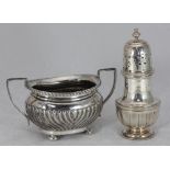 A silver sugar castor, of baluster form, hallmarks rubbed, together with a silver twin-handled sugar