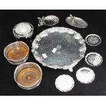 A small quantity of assorted silver-plated wares comprising a circular salver, a pair of bottle