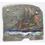 A rectangular slate hanging wall plaque, painted with a scene of a sailing ship at sea, entitled '