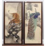 A pair of early 20th century Chinese silk paintings, one of a prowling tiger, the other a pair of