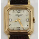 A Longines wristwatch c.1950, the square silvered dial with batons denoting hours and diamonds set