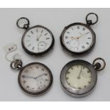 Four assorted open-faced pocket watches, one silver cased example with white enamel dial, Roman